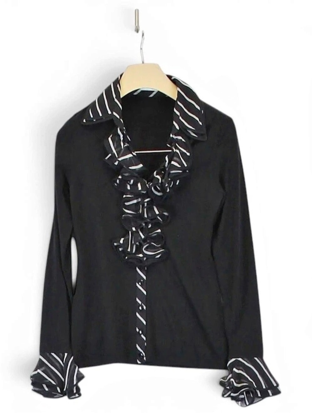 Anne Fontaine Black & White Striped Ruffle Blouse Like New